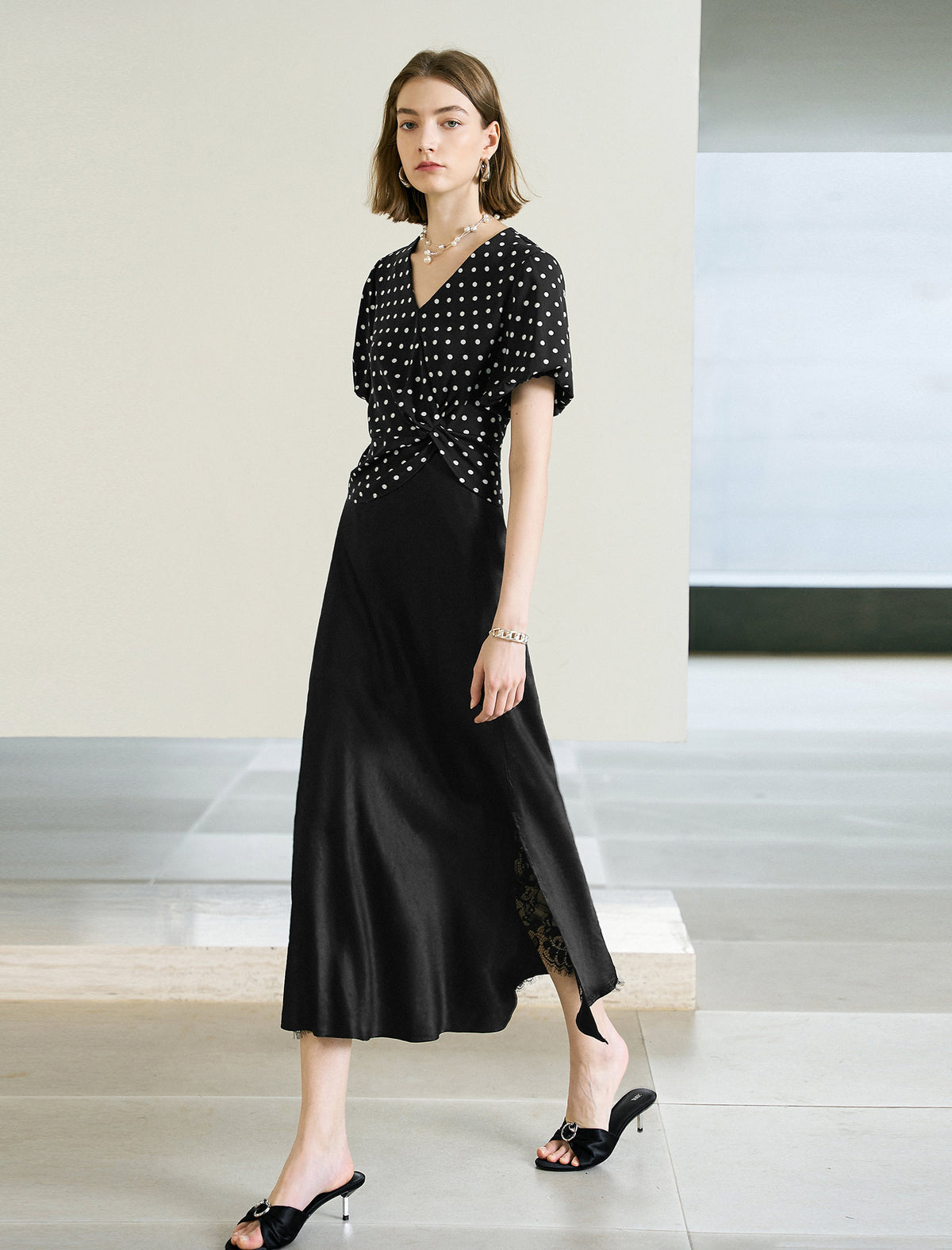 Black Polka Dot Wrap Front Top
