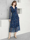 V-Neck Floral Print Long Sleeve Midi Dress
