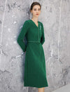 Jacquard V-Neck Chain-Trim Long Sleeve A-Line Midi Dress