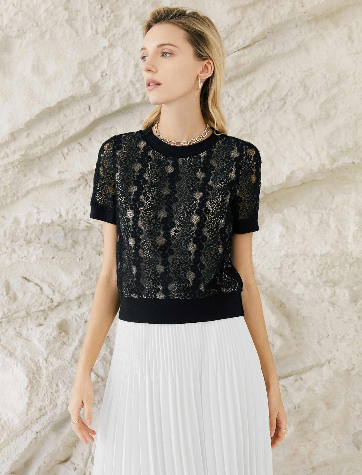 Black Lace Crew Neck Short Sleeve Top