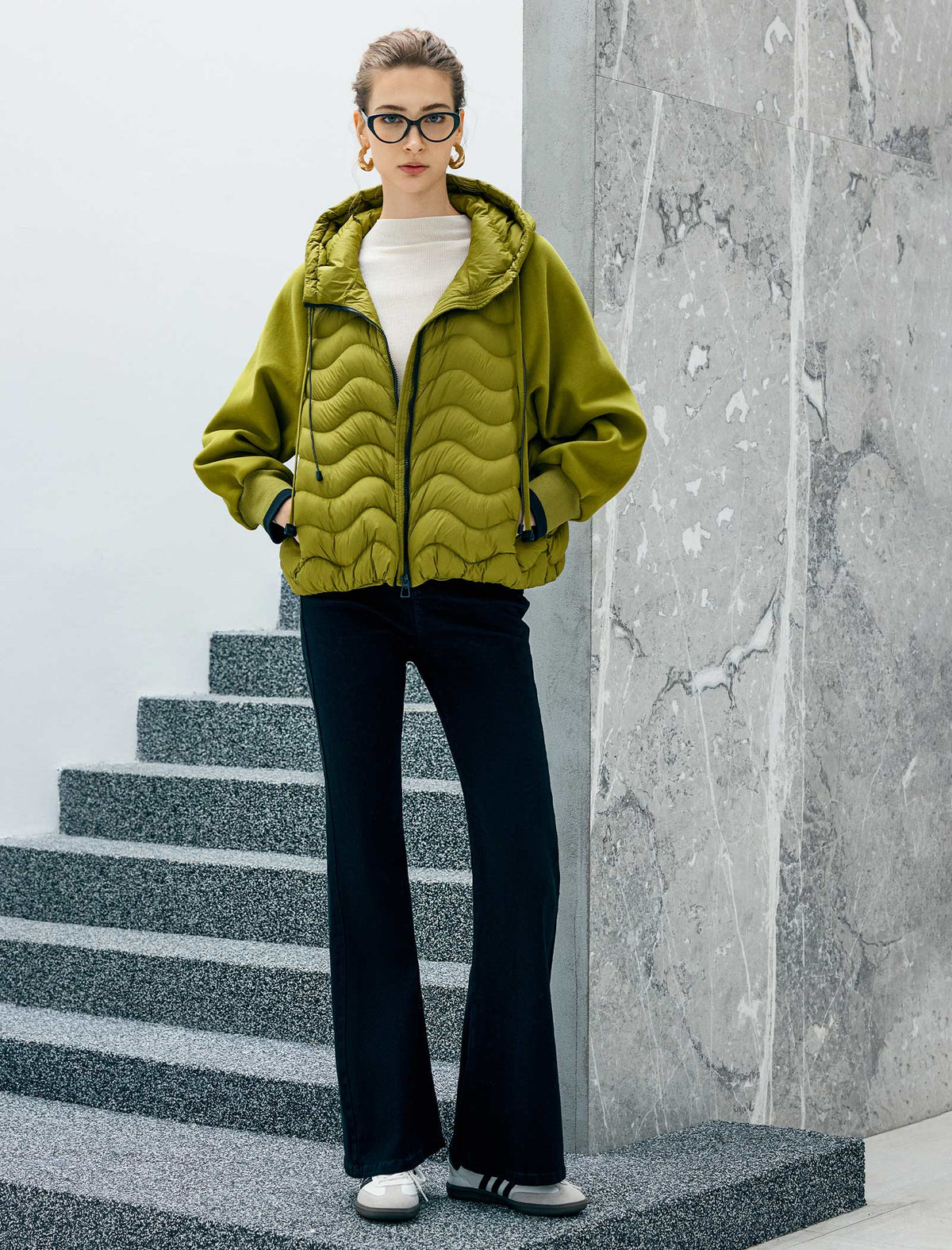 Hooded Quilted Drawstring Zip-Front Cropped Jacket