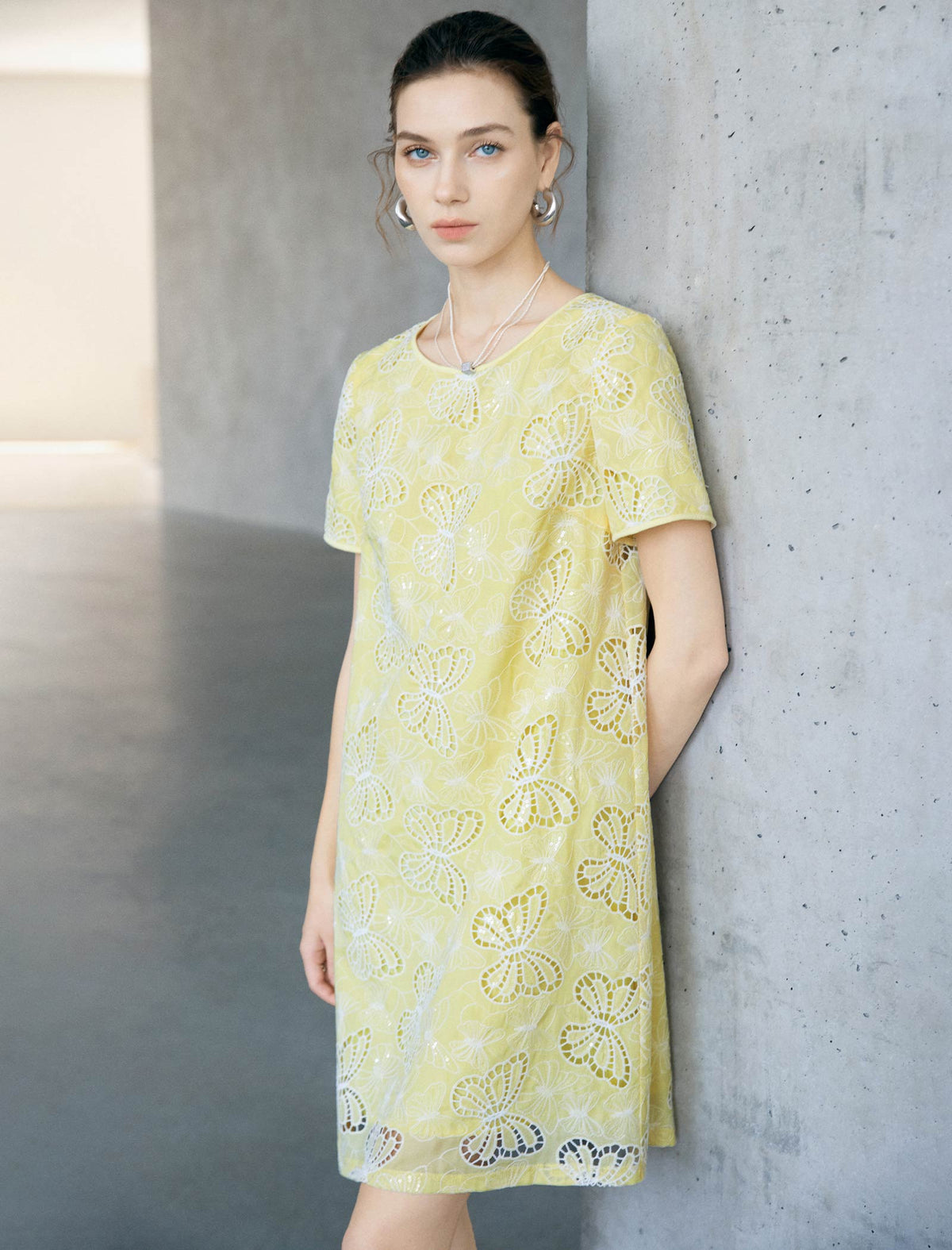 Yellow Butterfly Eyelet Embroidery Short Sleeve Shift Mini Dress