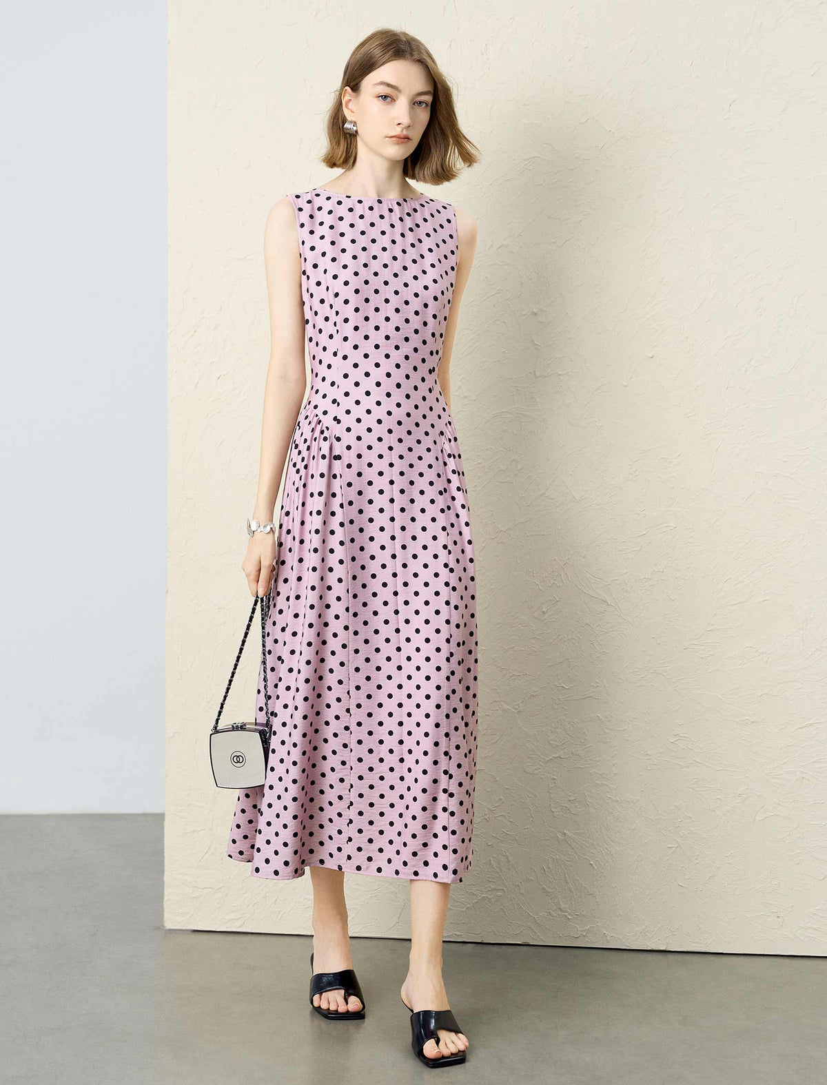 Light Pink Polka Dot Sleeveless Midi Dress