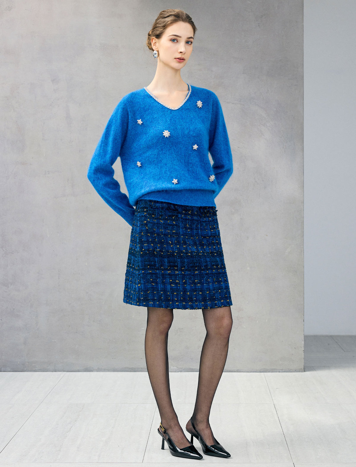 Wool and Mulberry Silk Blend Beaded V-Neck Sweater