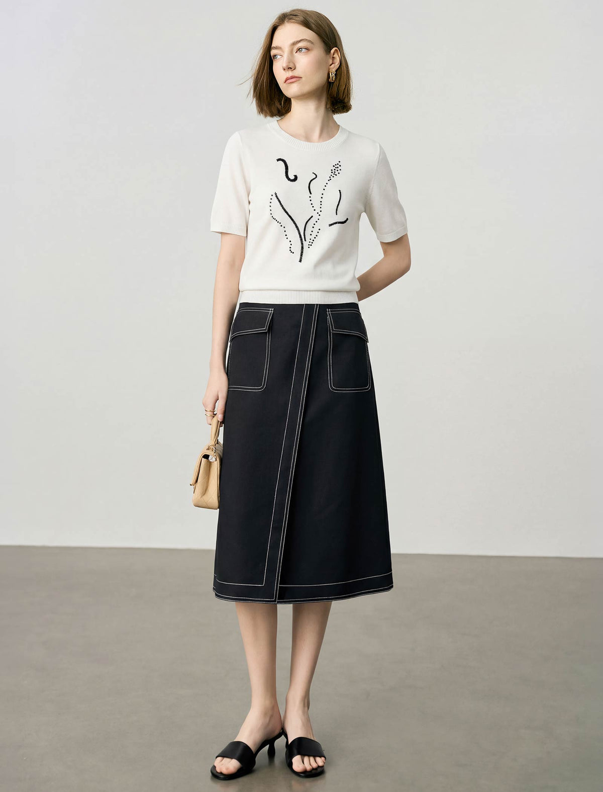 Black Contrast Stitch Midi Wrap Skirt