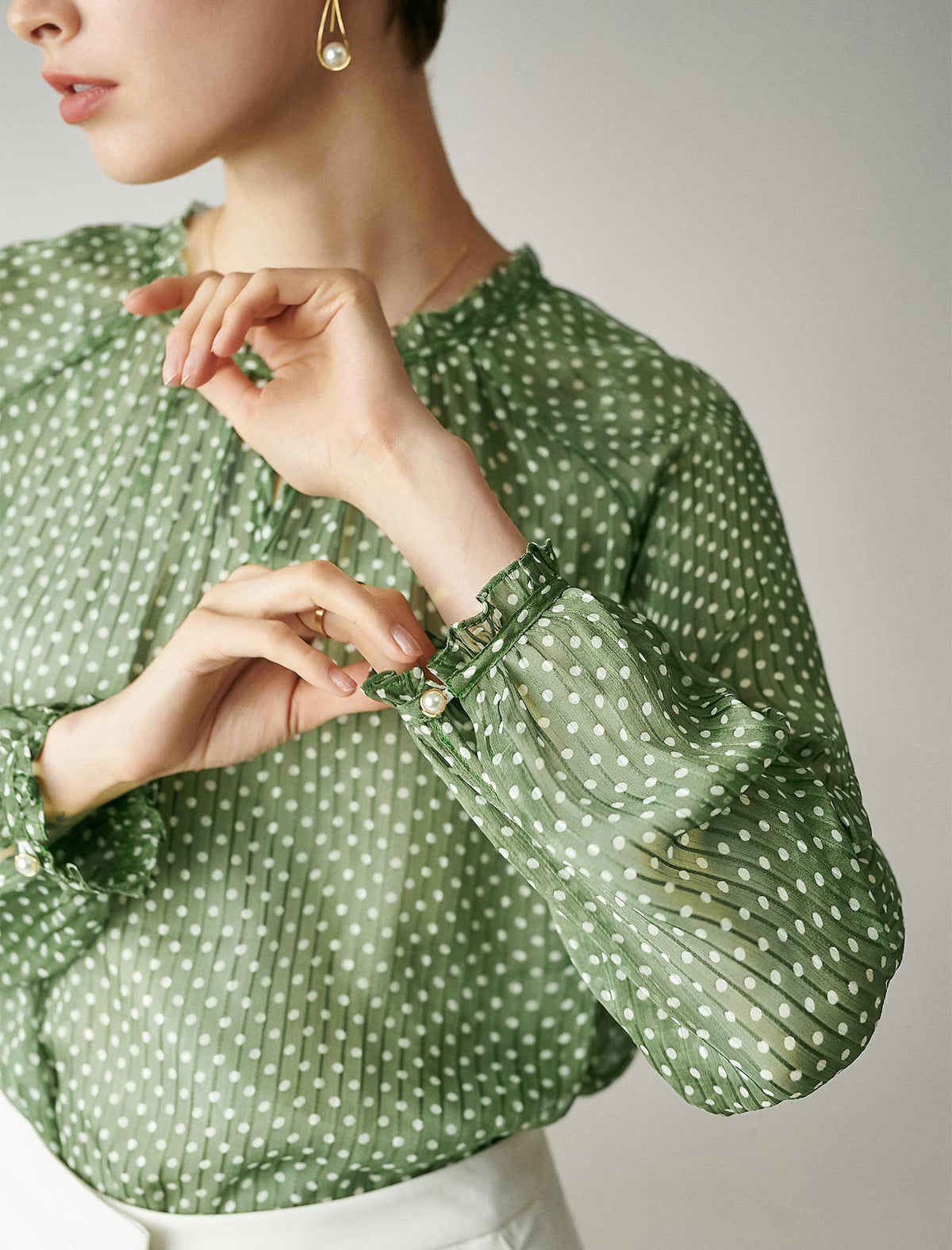 Chiffon Polka Dot Lantern Sleeve Blouse