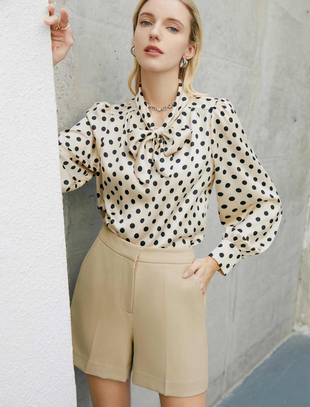 Cream Black Polka Dot Bow Blouse