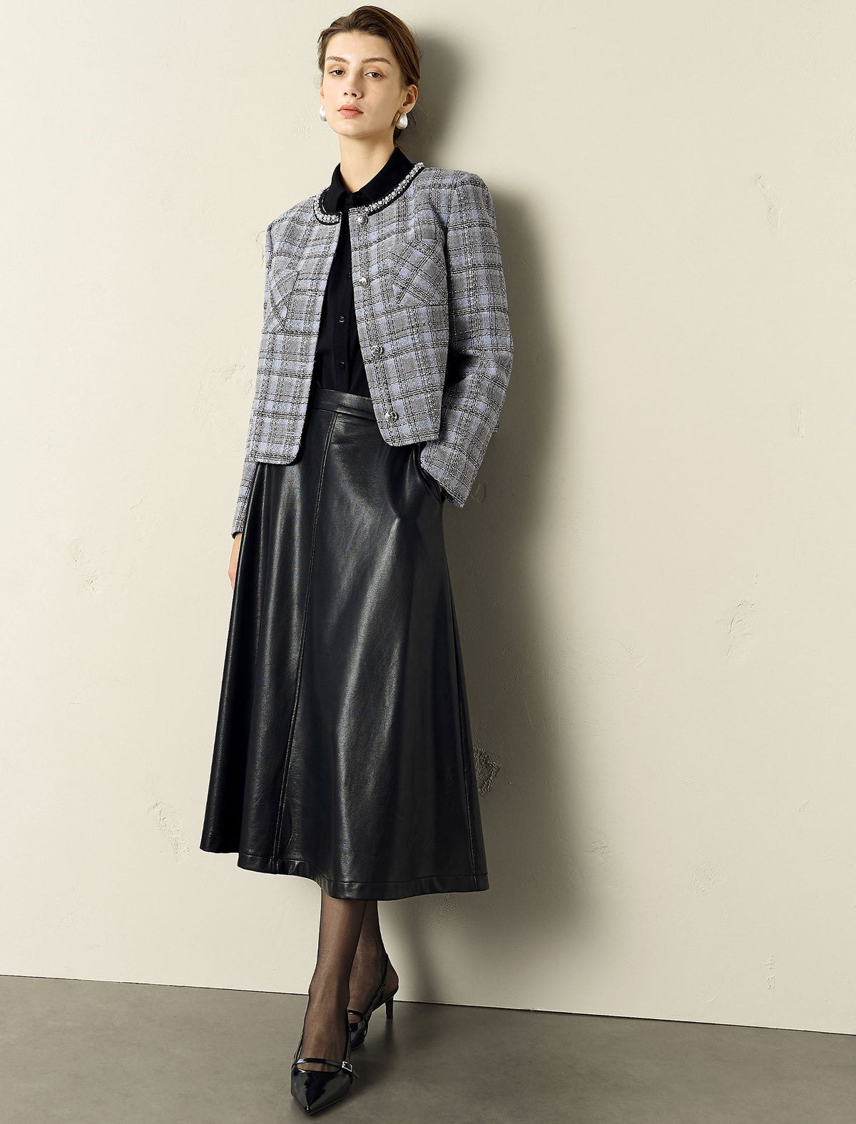 Plaid Tweed Jacket with Pearl Trim Collar