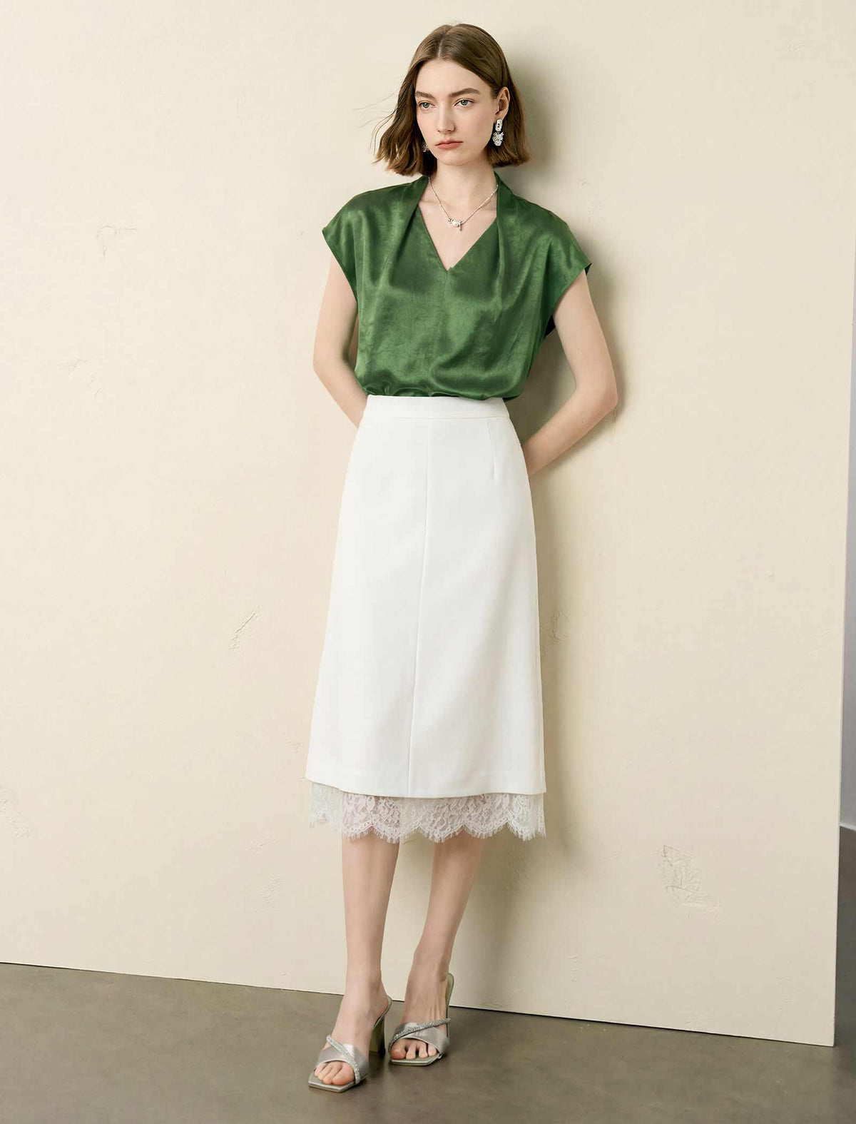 Acetate Satin V-Neck Cap Sleeve Blouse