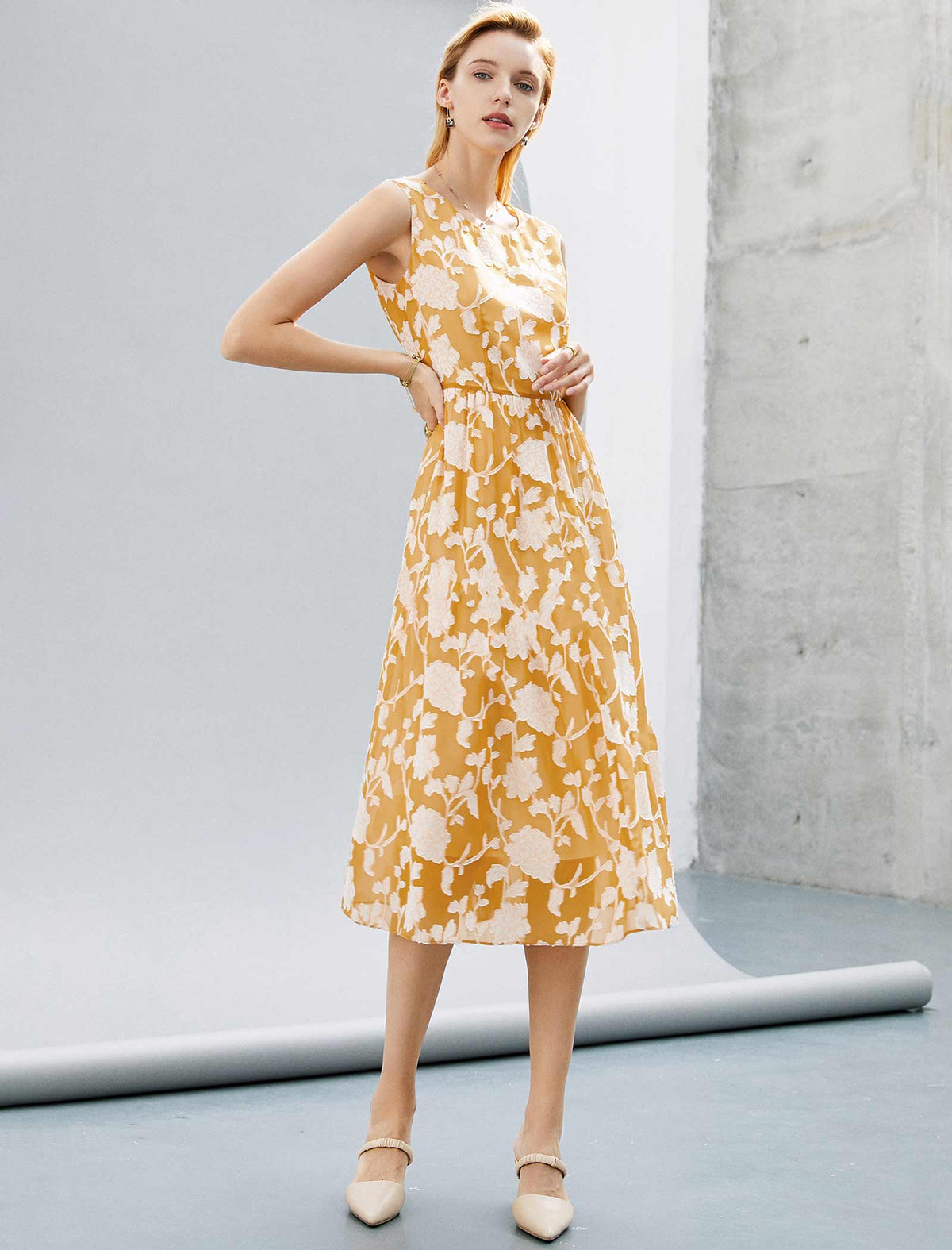 Mustard Floral Sleeveless Midi Dress