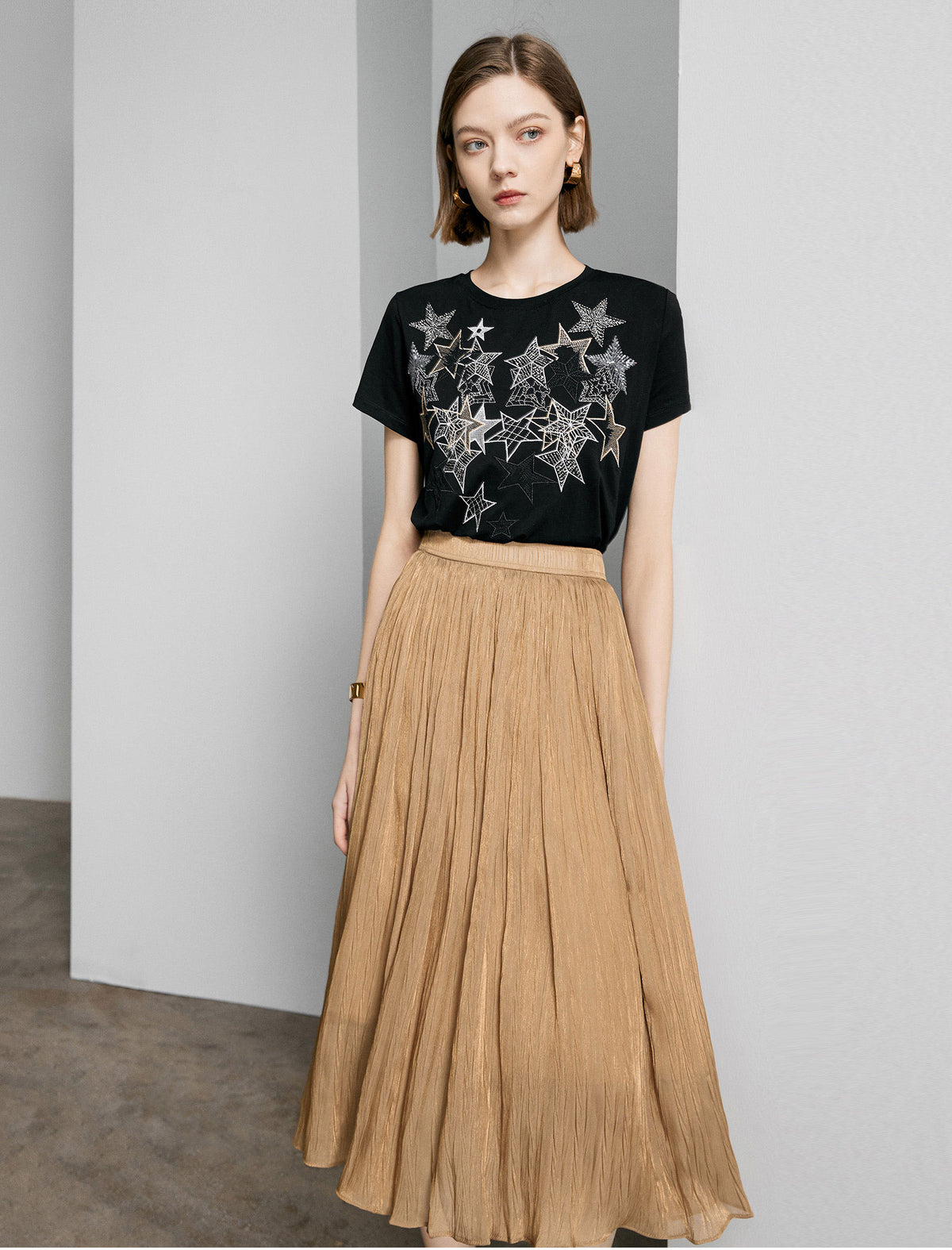 Crinkled Metallic Midi Skirt