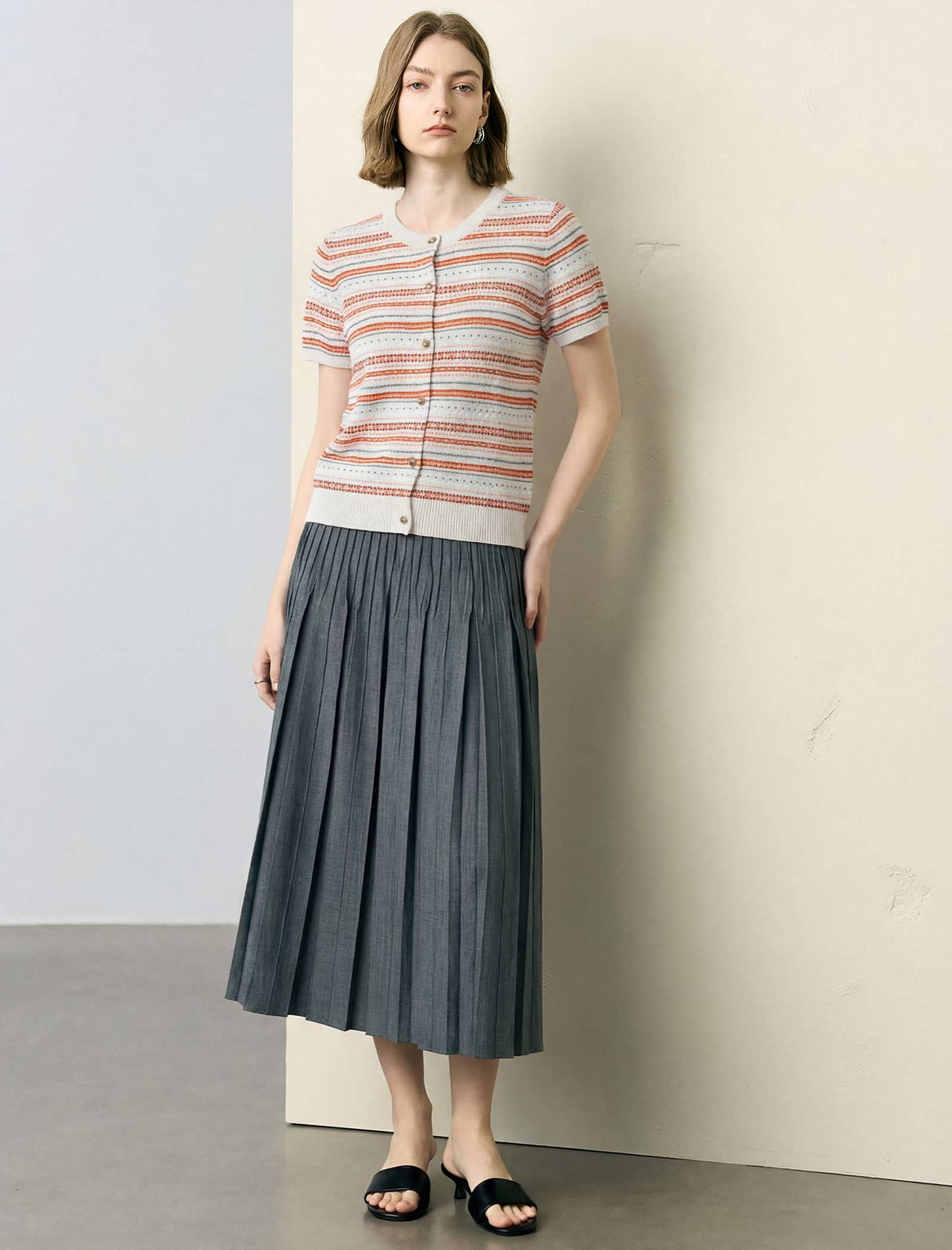 Striped Short-Sleeve Knit Cardigan