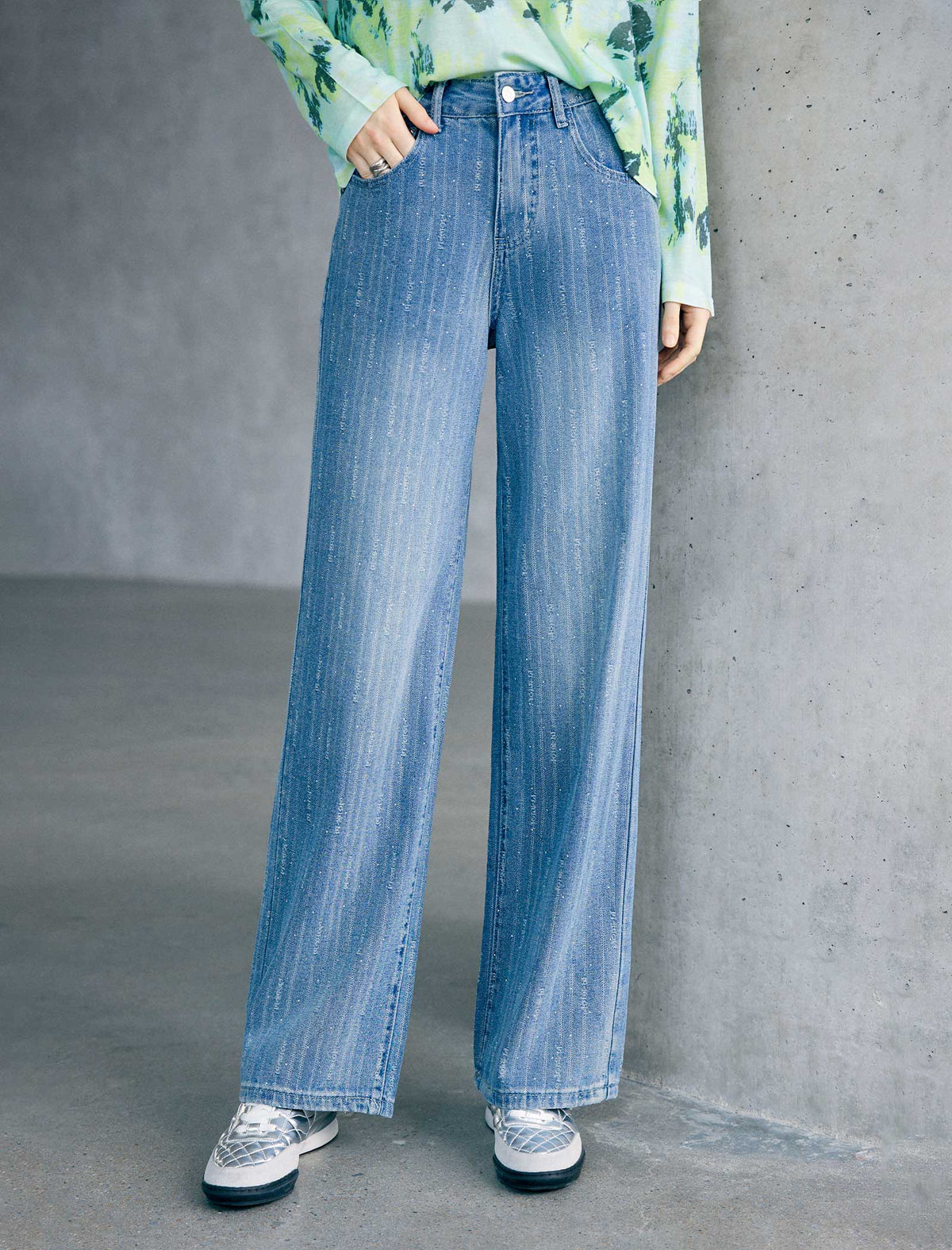 High‑Rise Rhinestone Striped Wide‑Leg Jeans