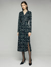 Abstract Dot Print V-Neck Ruched-Waist Long Sleeve Wrap Midi Dress