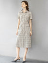 Neutral Plaid Shirt-Style Belted Midi Dress