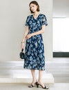 Dark Navy Mulberry Silk Floral Wrap Midi Dress