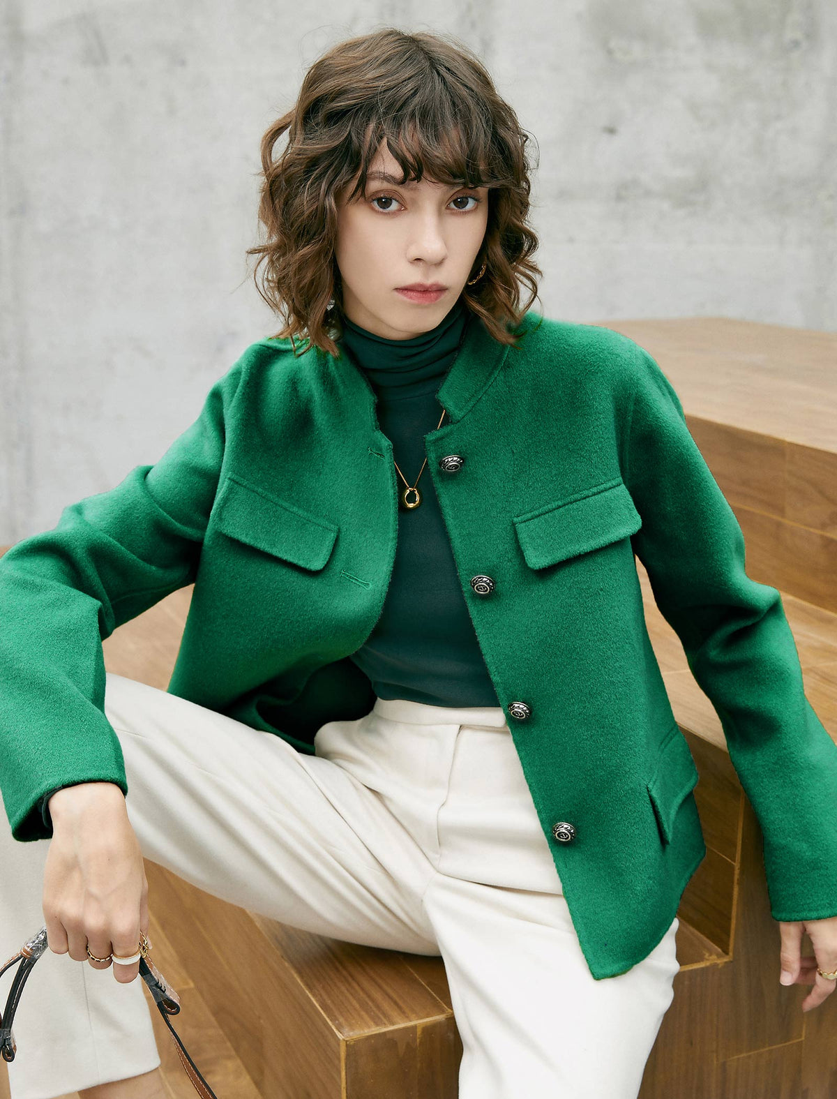 Wool Blend Button-Front Cropped Jacket