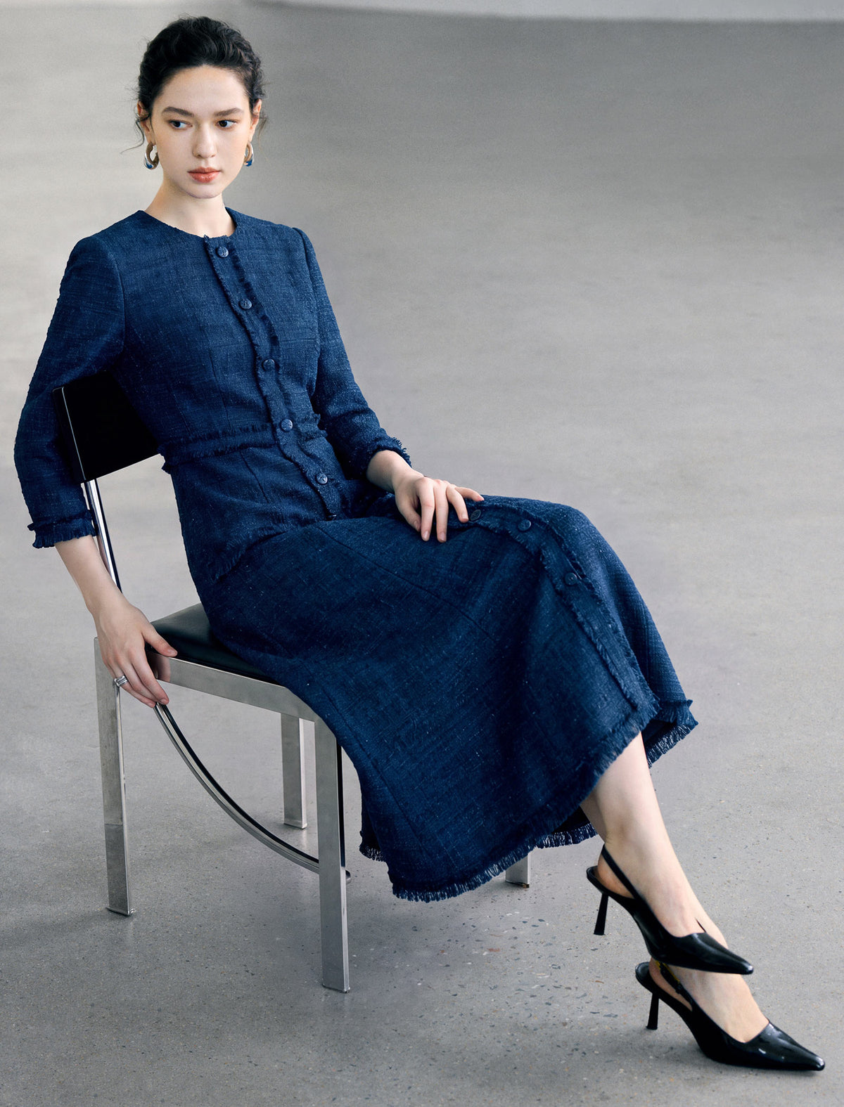 Textured Button Front Midi Dress