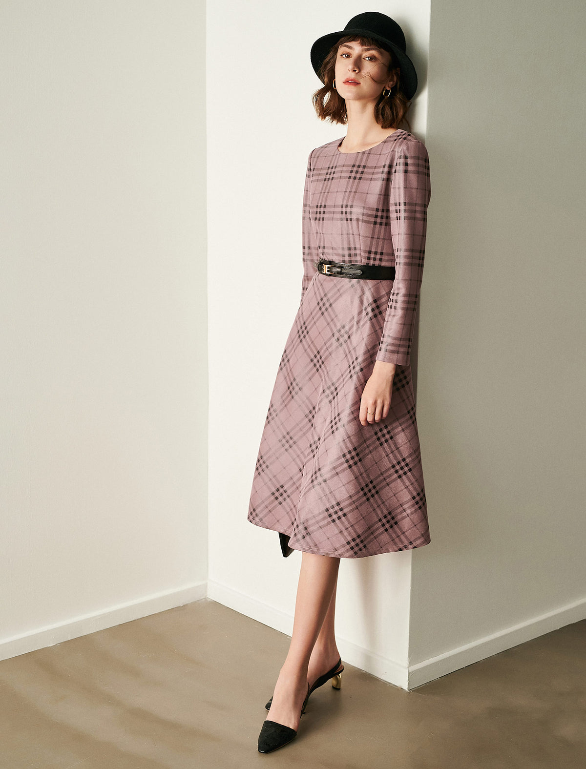 Plaid Crewneck Belted Midi Dress