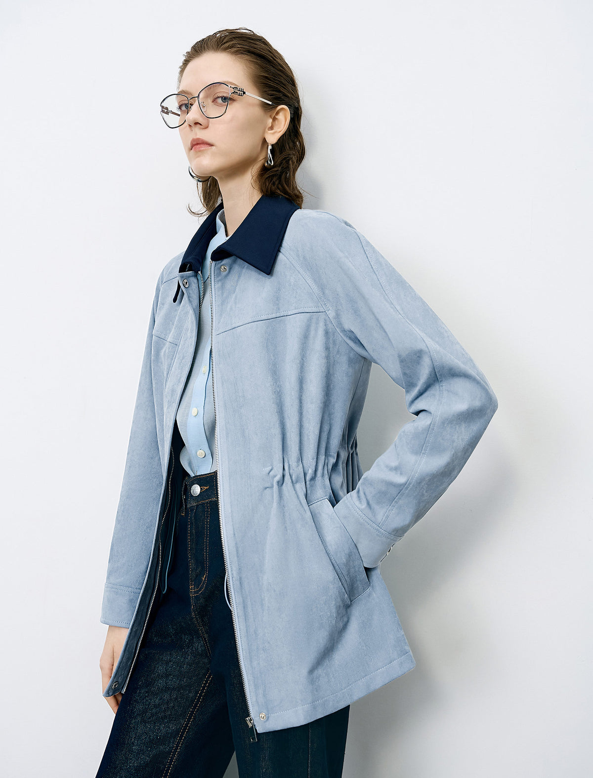 Blue Waist-Defining Vintage Trench Coat