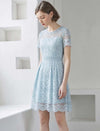 Vintage Crew Neck Lace Ruffle Sleeve Waist-Cinched Dress