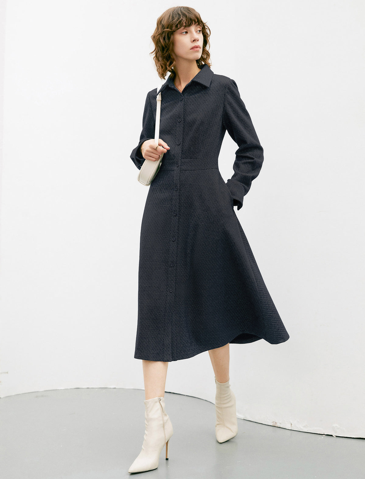 Solid Long Sleeve Pocket A-Line Dress
