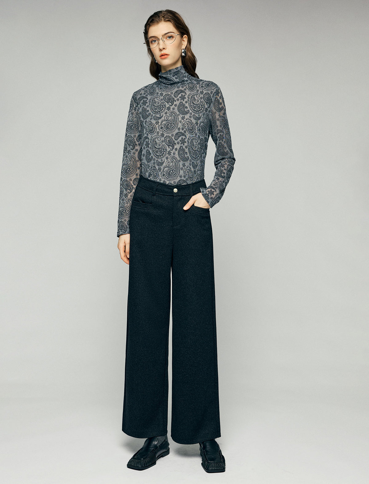 Paisley Print Turtleneck Fitted Long Sleeve Top
