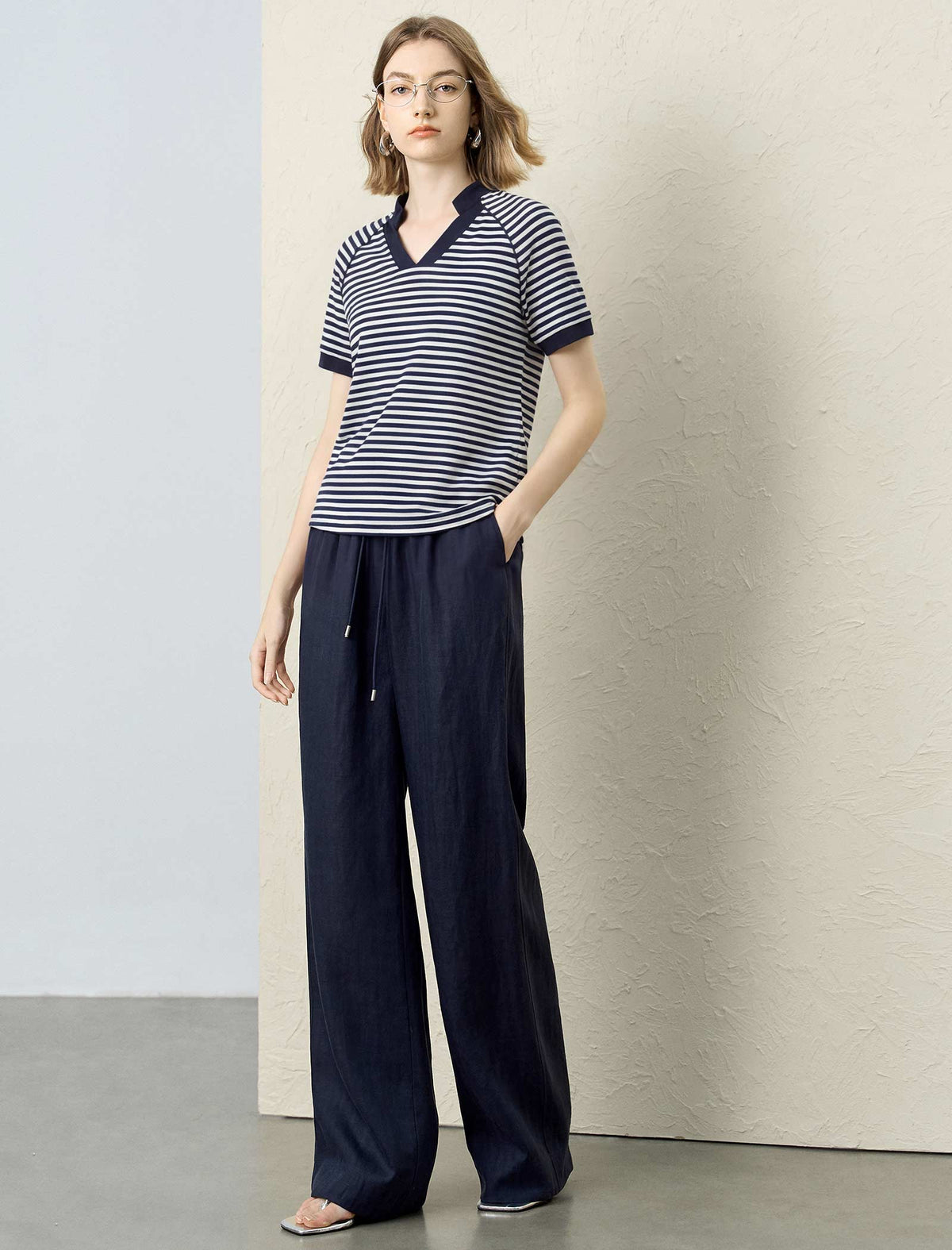 Navy White Stripe Notched V-Neck Raglan Short Sleeve Tee