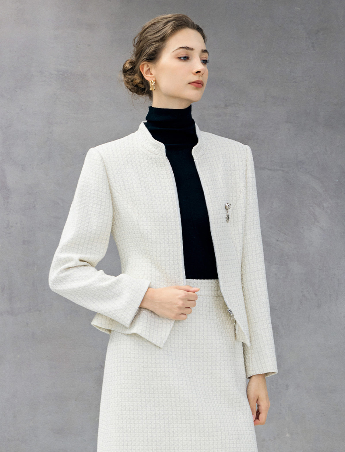 Wool Blend Stand-Collar Zip-Front Peplum Jacket