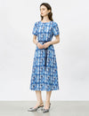 Mulberry Silk Watercolor Geometric Print Short Sleeve Tie Waist Midi Dress