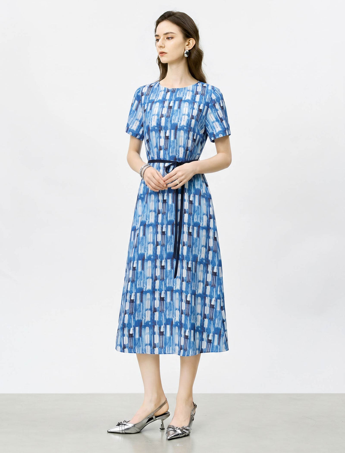 Mulberry Silk Watercolor Geometric Print Short Sleeve Tie Waist Midi Dress