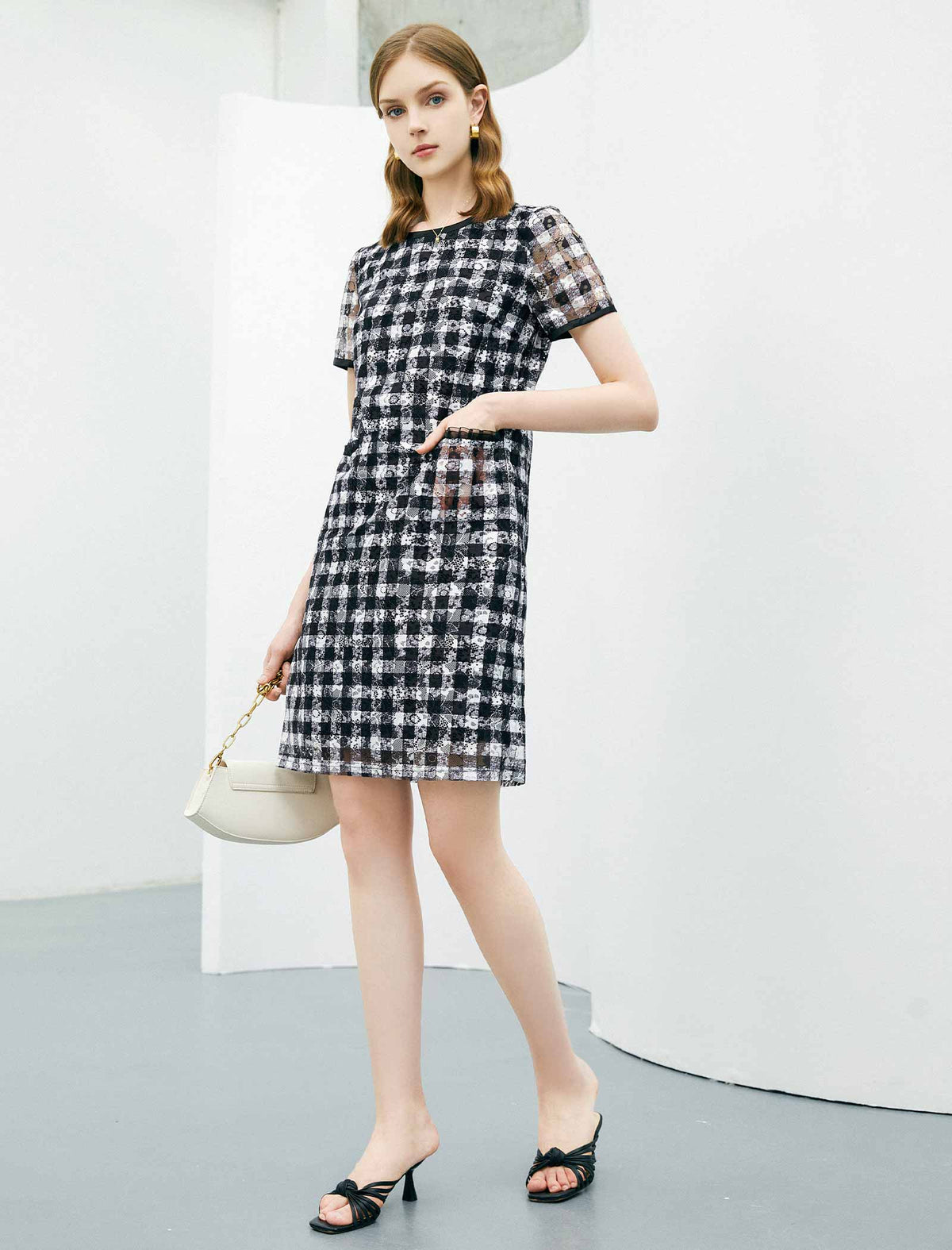 Plaid Lace Straight Short Sleeve Dress