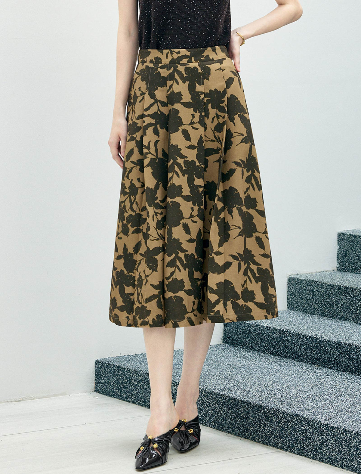 High‑Waist Floral Print A‑Line Midi Skirt