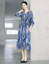 Abstract Floral Print Belted Long Sleeve Midi Dress