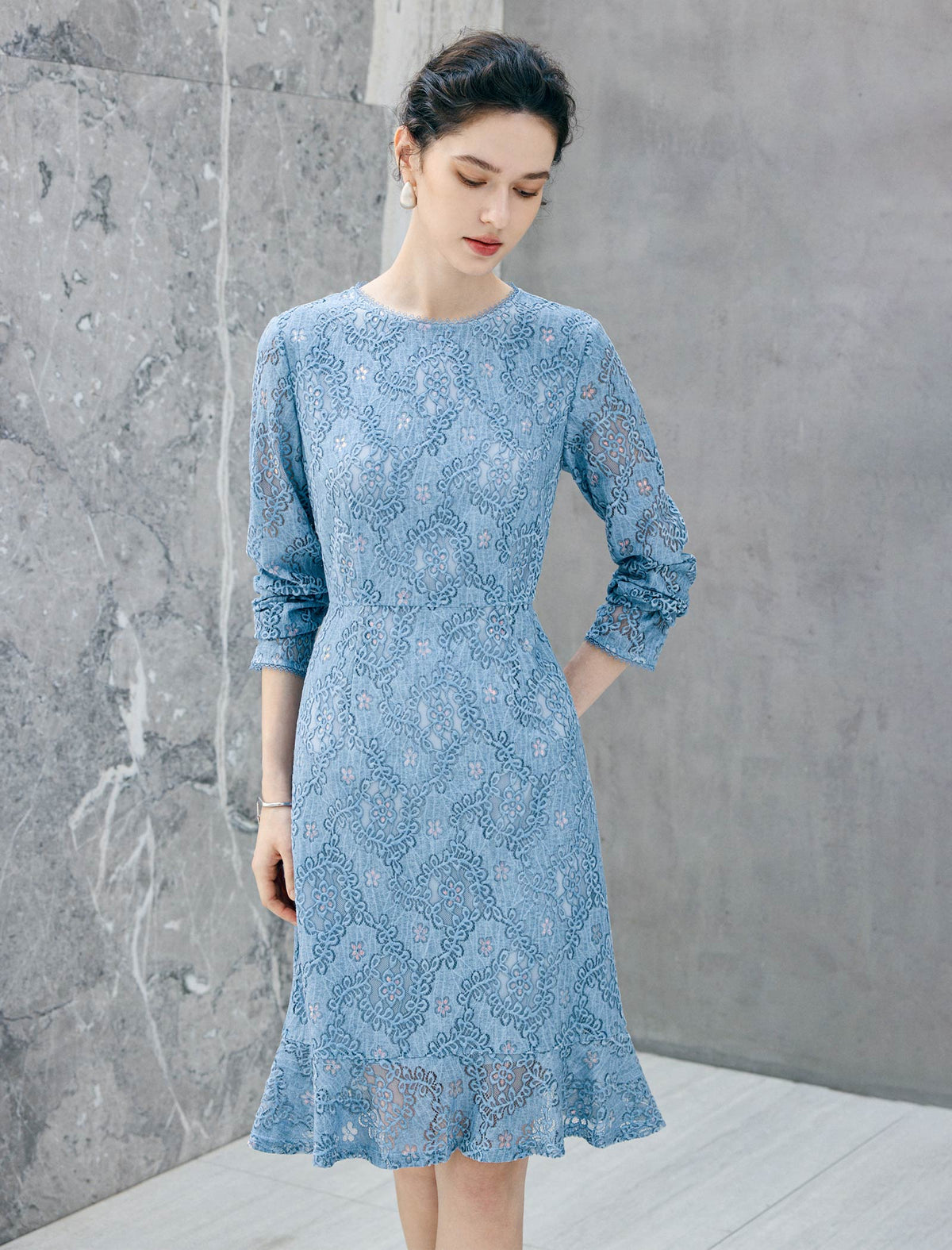 Lace Floral Pattern Long Sleeve A Line Midi Dress