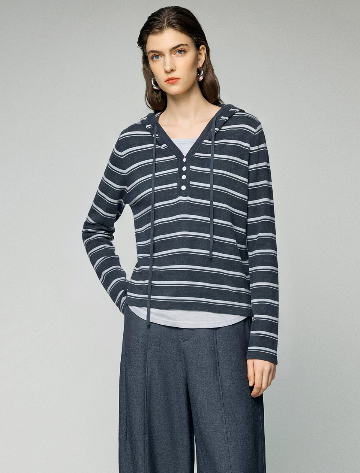 Wool and Mulberry Silk Blend Striped Hooded Drawstring Sweater