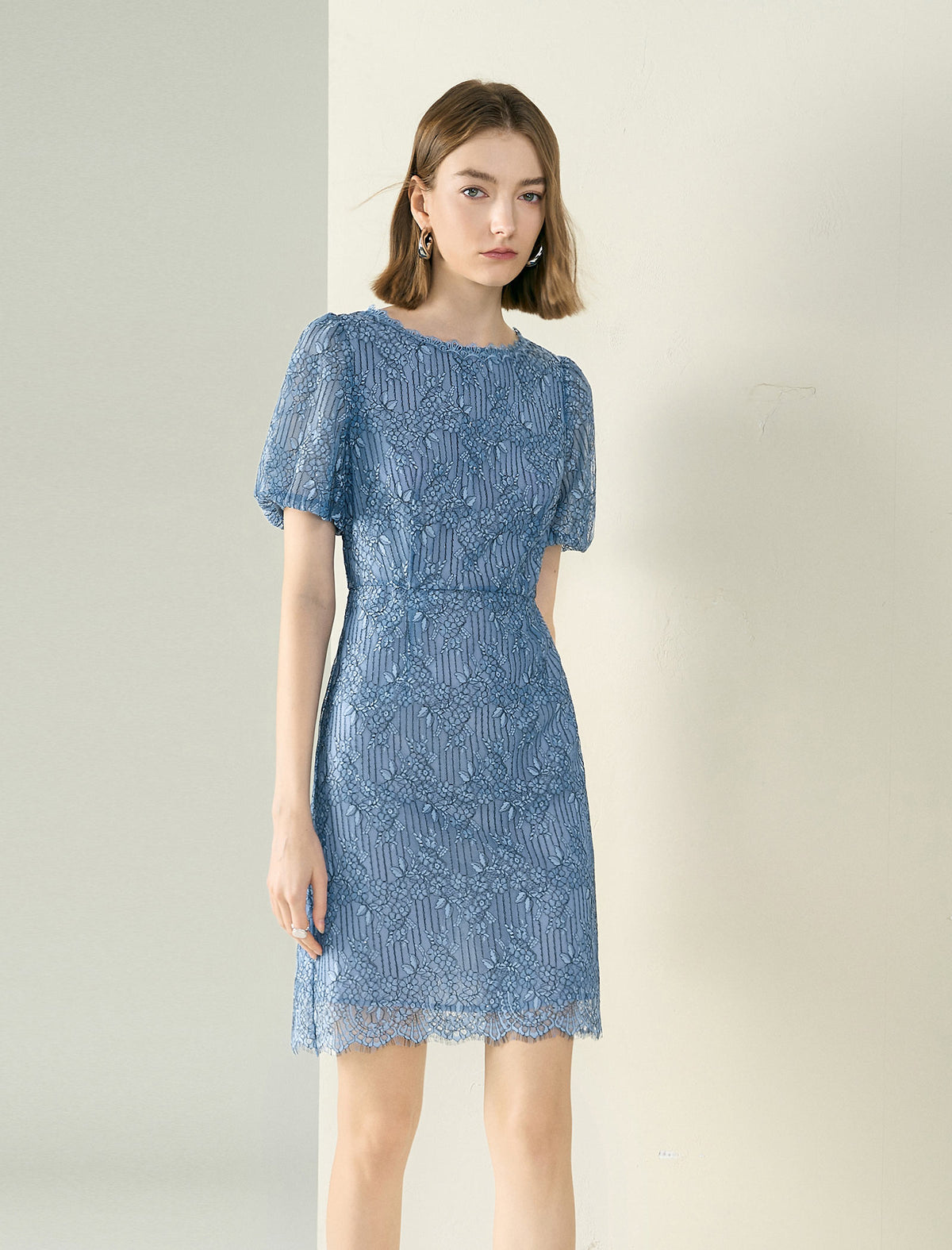 Lace Puff Sleeve Sheath Dress