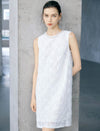 White Beaded Neck Textured Lace Sleeveless Shift Mini Dress