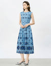 Blue Geo Diamond Print Sleeveless Pleated Midi Dress