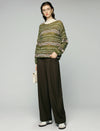 Wool Blend Shimmer Openwork Wave-Trim Crewneck Sweater