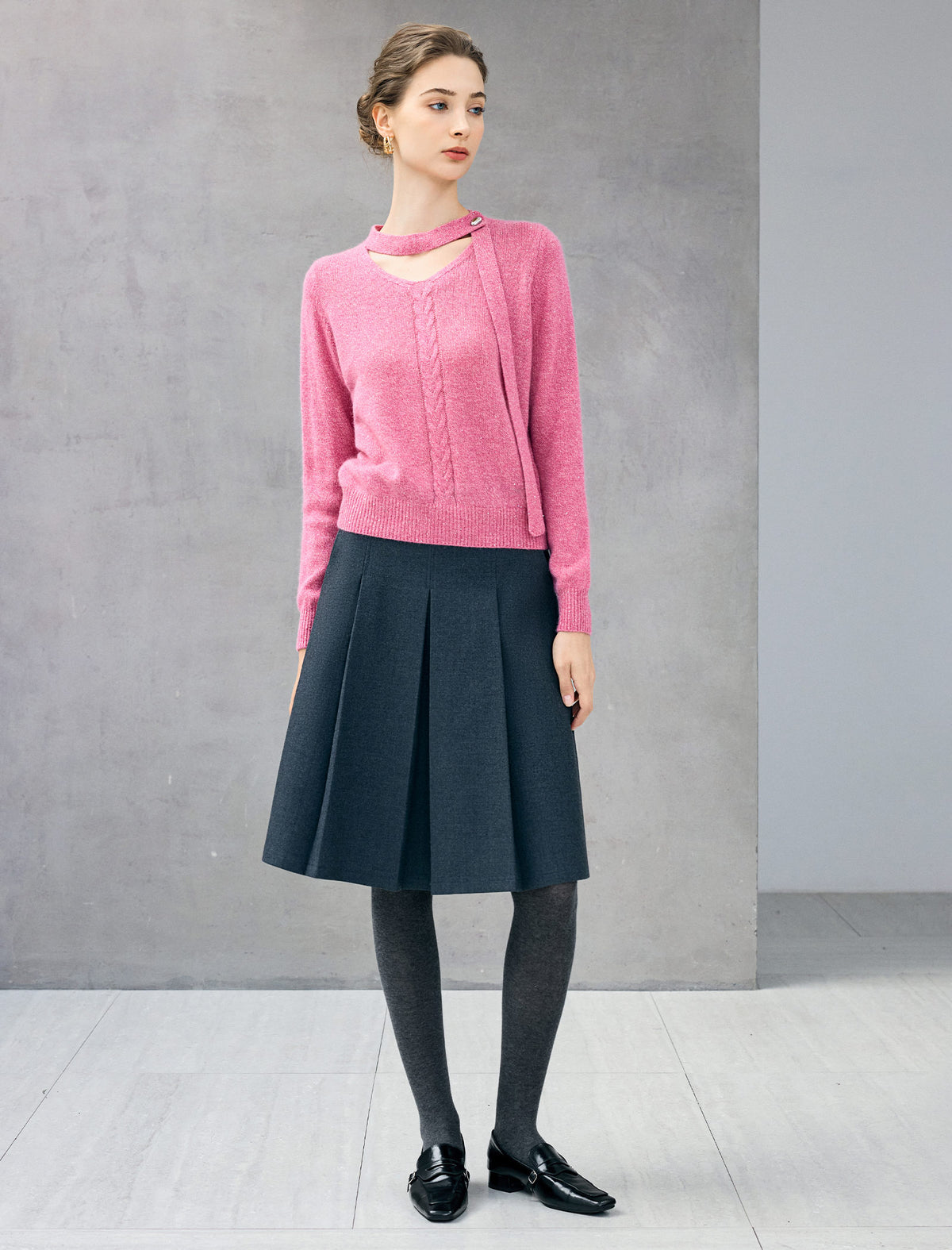 Wool Blend Shimmer Tie-Neck Cable-Knit Sweater