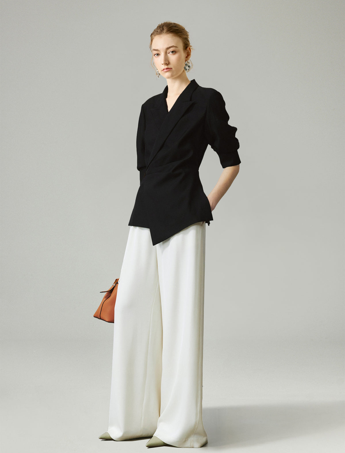 Tencel Blend Asymmetric Wrap Cinched Waist Blazer