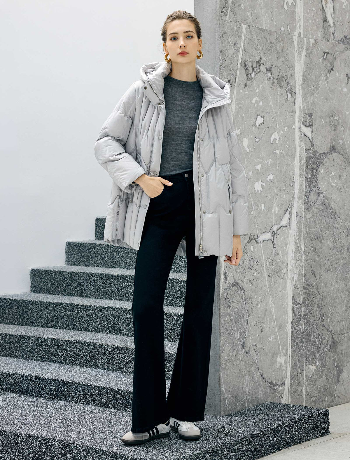 Hooded Seamless-Quilted Zip-Front Mid-Length Puffer Coat