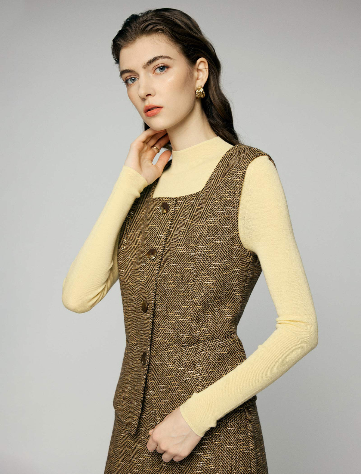 Wool Blend Square-Neck Button-Front Fitted Vest