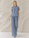 Dusty Blue High Neck Lace Panel Short Sleeve Blouse