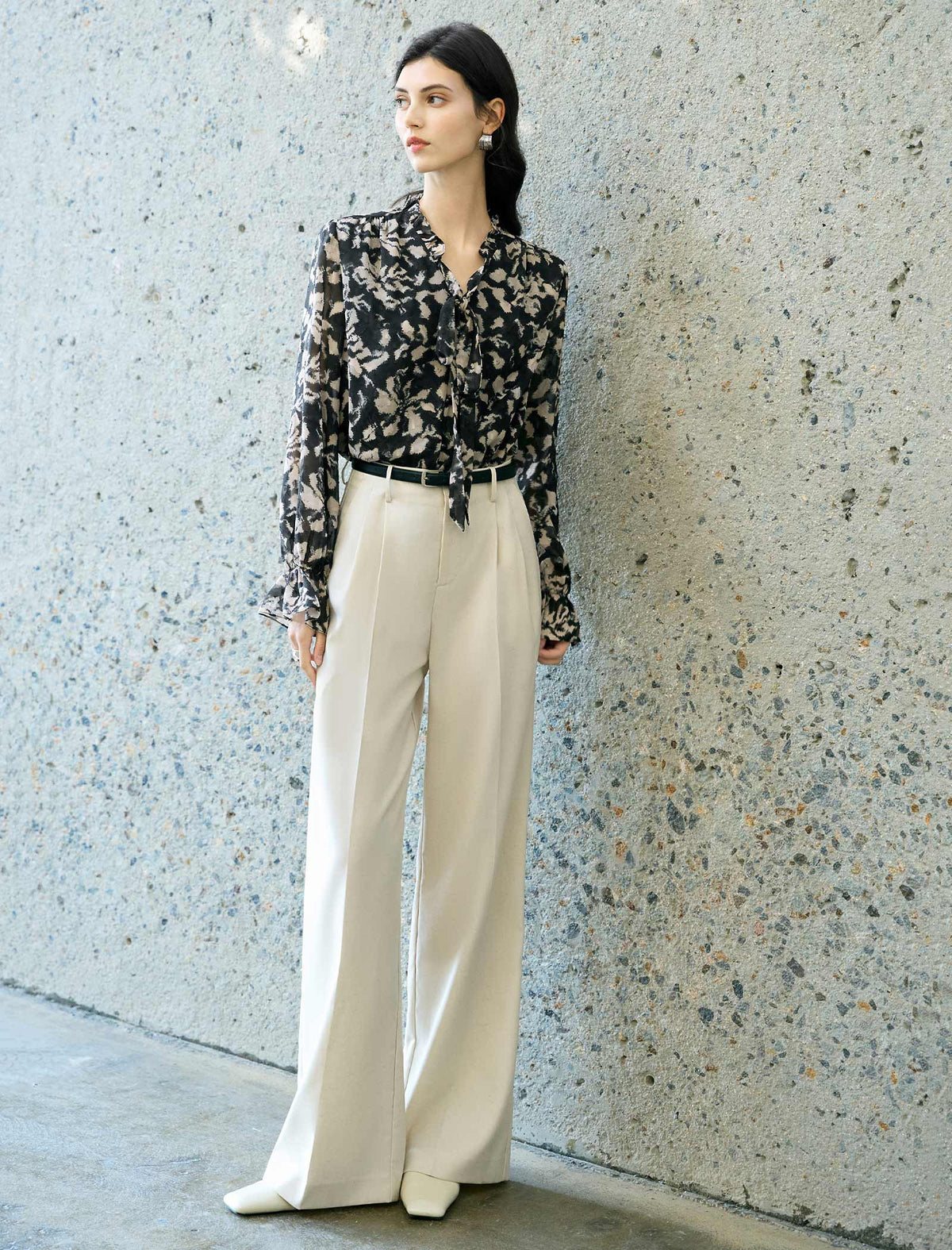 Black Tie-Dye Tie-Neck Blouse