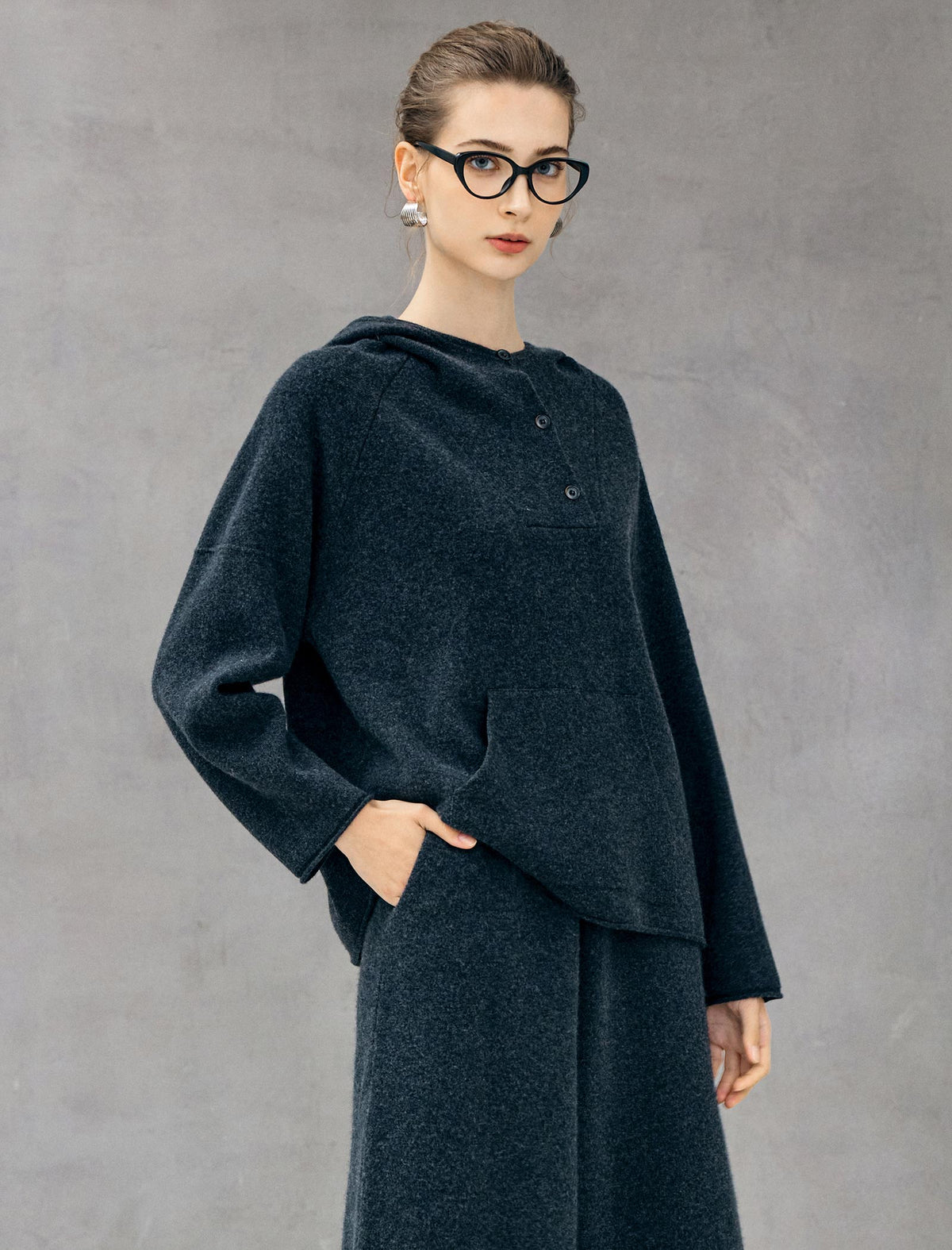 100% Wool Hooded Half-Button Pocket Relaxed Sweater