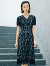Black Floral Lace V-Neck Short Sleeve Fit And Flare Midi Dress