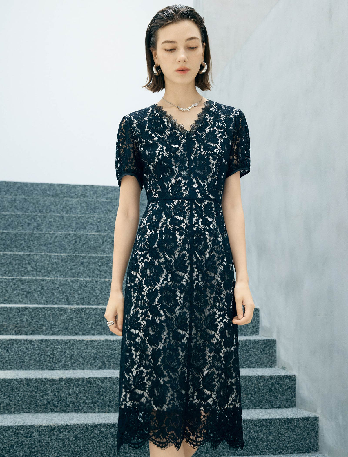 Black Floral Lace V-Neck Short Sleeve Fit And Flare Midi Dress