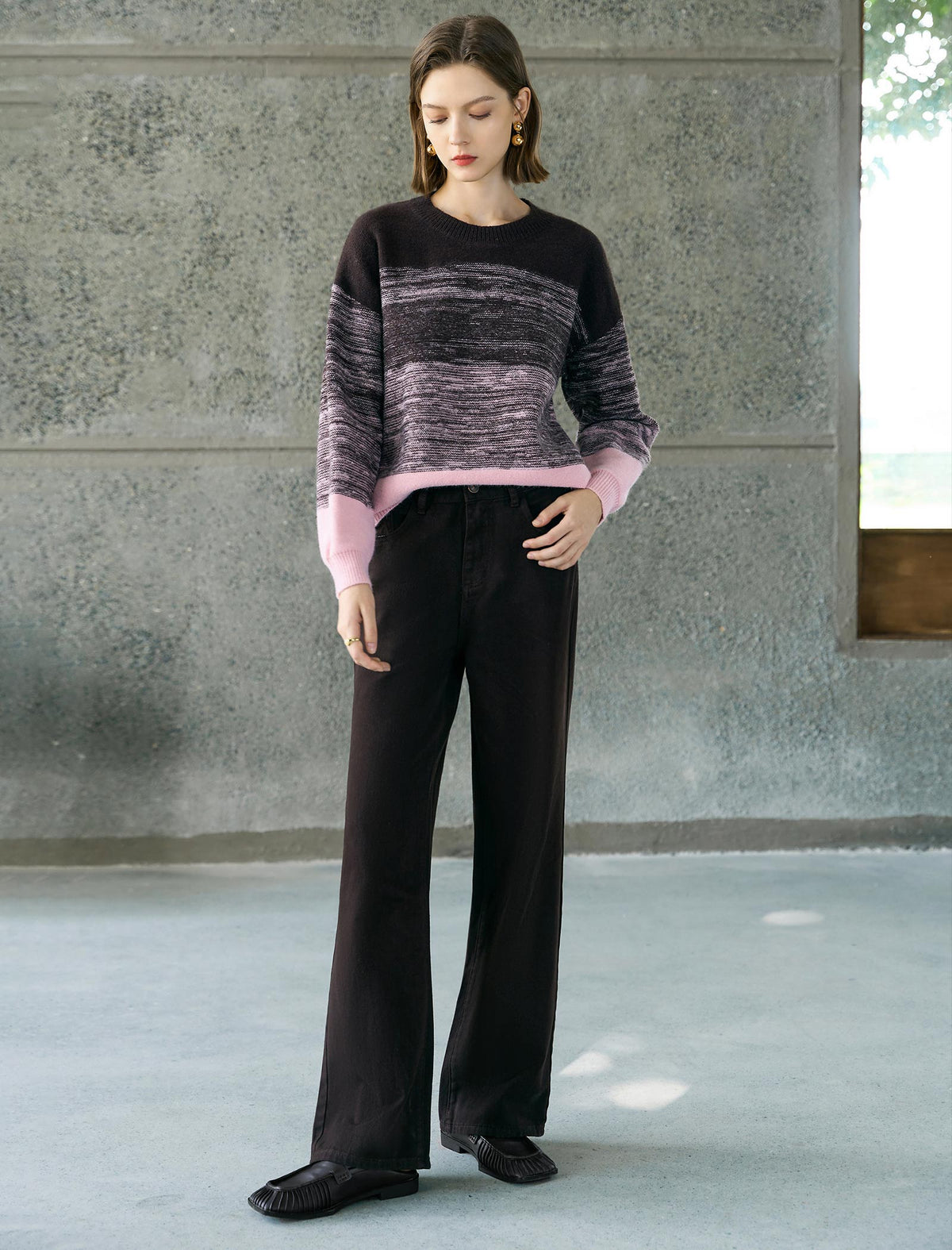 Wool Gradient Striped Crew Neck Relaxed Knit Sweater